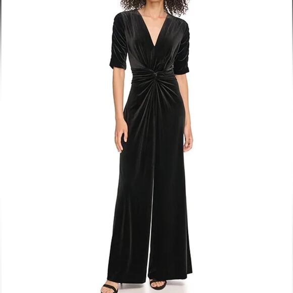 NWT Vince Camuto black velvet gathered twist front wide leg jumpsuit - Picture 1 of 13